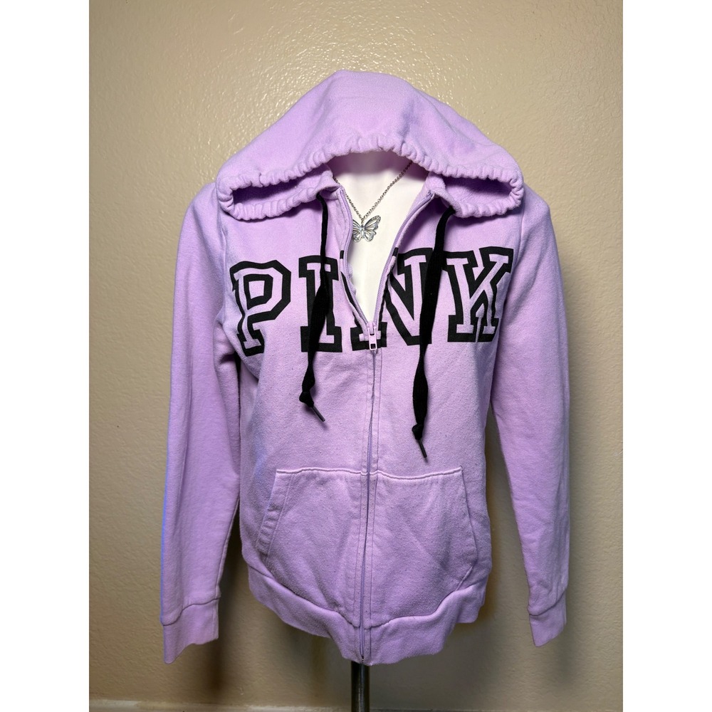 Victoria's Secret PINK Full Zip Hoodie Lavender Purple Black Logo Size Medium #5